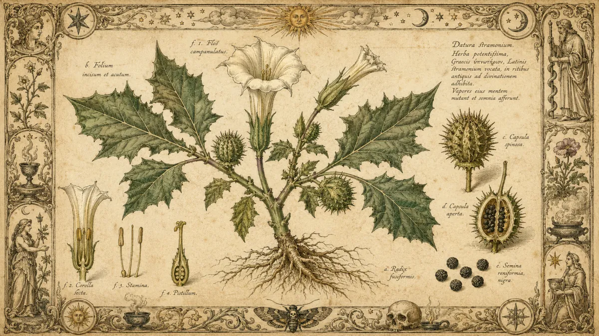 Ilustración botánica clásica del estramonio o “hierba del diablo” (Datura stramonium), con raíces, hojas dentadas, flores blancas en forma de trompeta, cápsulas espinosas y semillas, sobre pergamino envejecido con anotaciones latinas y símbolos rituales antiguos.