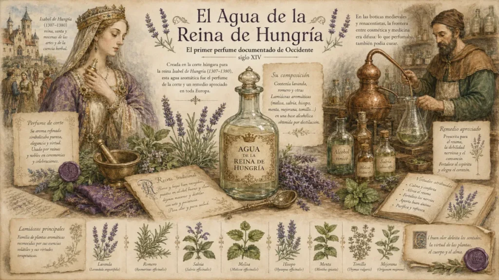 Ilustración histórica del Agua de la Reina de Hungría, antiguo perfume medicinal con lavanda, romero y otras plantas aromáticas, usado en la botica medieval y renacentista.