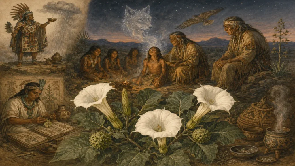 Ilustración etnobotánica de una ceremonia ritual con datura o toloache en el desierto norteamericano, donde ancianos supervisan a jóvenes iniciados alrededor del fuego mientras una visión espiritual de un animal guardián aparece entre el humo y las estrellas.