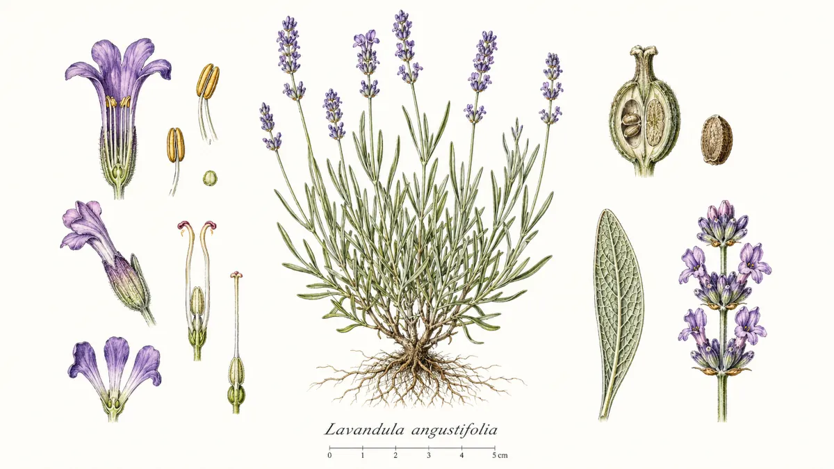 Lámina botánica de Lavandula angustifolia: planta completa, flor diseccionada, hoja, fruto y espiga floral con barra de escala