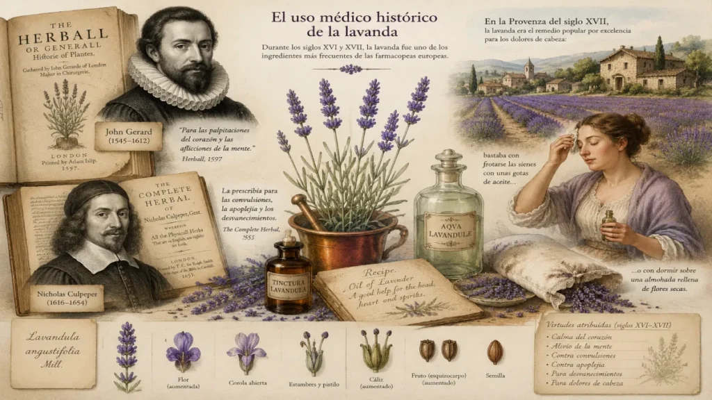 Infografía sobre el uso médico histórico de Lavandula angustifolia en los siglos XVI y XVII: John Gerard, Nicholas Culpeper, herbarios de época y preparaciones tradicionales